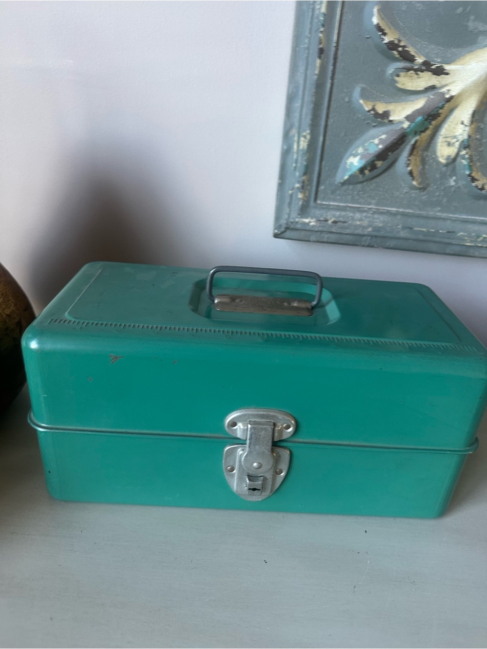 Vintage Liberty teal green tackle box metal
